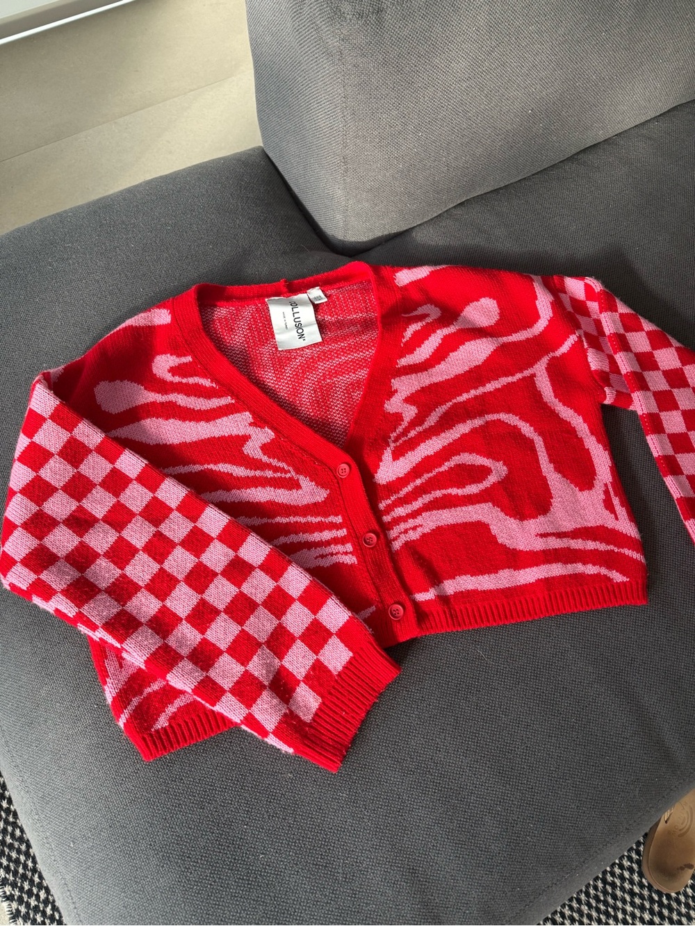 Red and Pink Patterned Cropped Cardigan